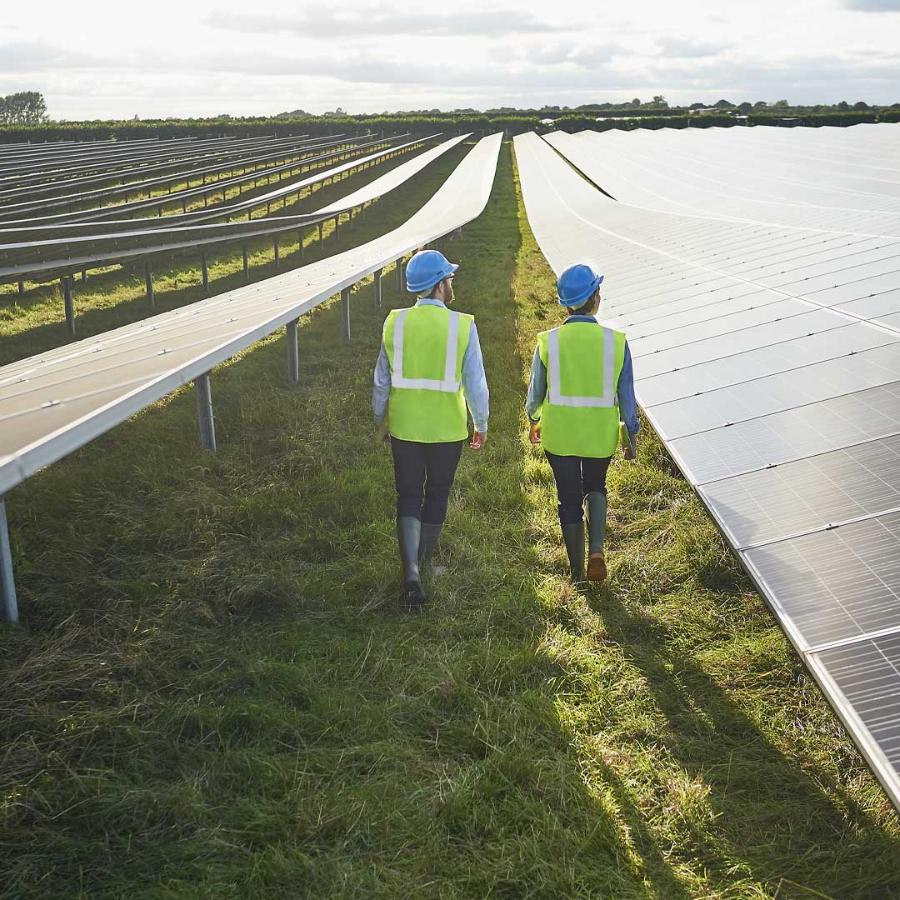 Young male and female surveying engineers in safety wear walking through solar farm.