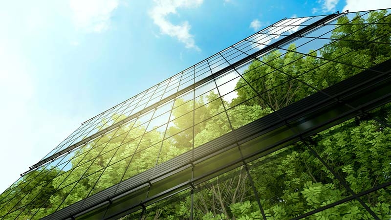 A low angle view of a building with trees in the windows