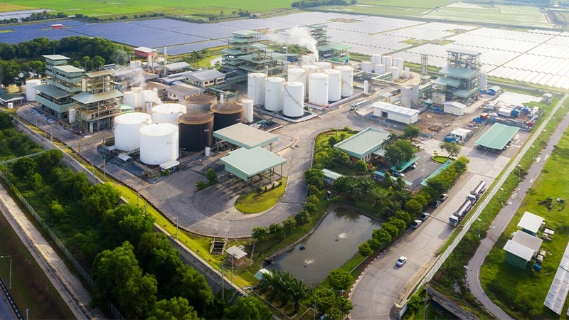 An aerial view of a factory