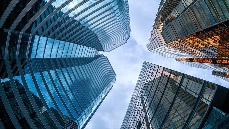 Looking up view of tall buildings