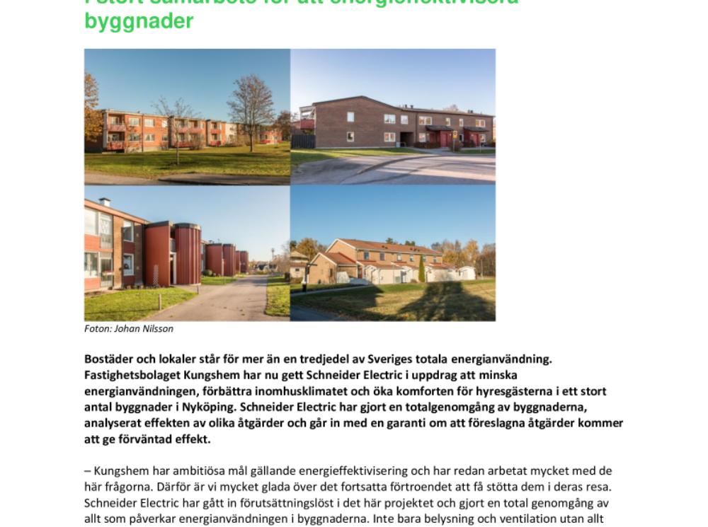 Fastighetsbolaget Kungshem och Schneider Electric i stort samarbete för att energieffektivisera byggnader