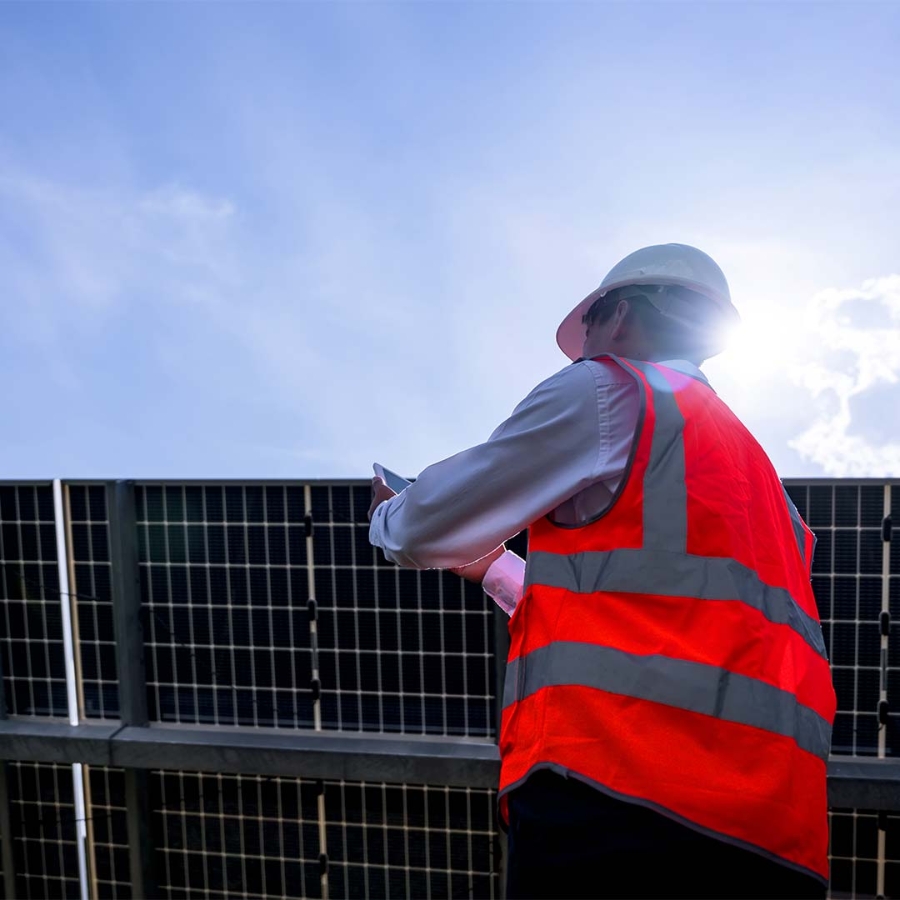 A person in a reflective vest and a hard hat