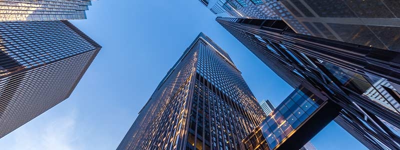 A low angle view of a skyscraper