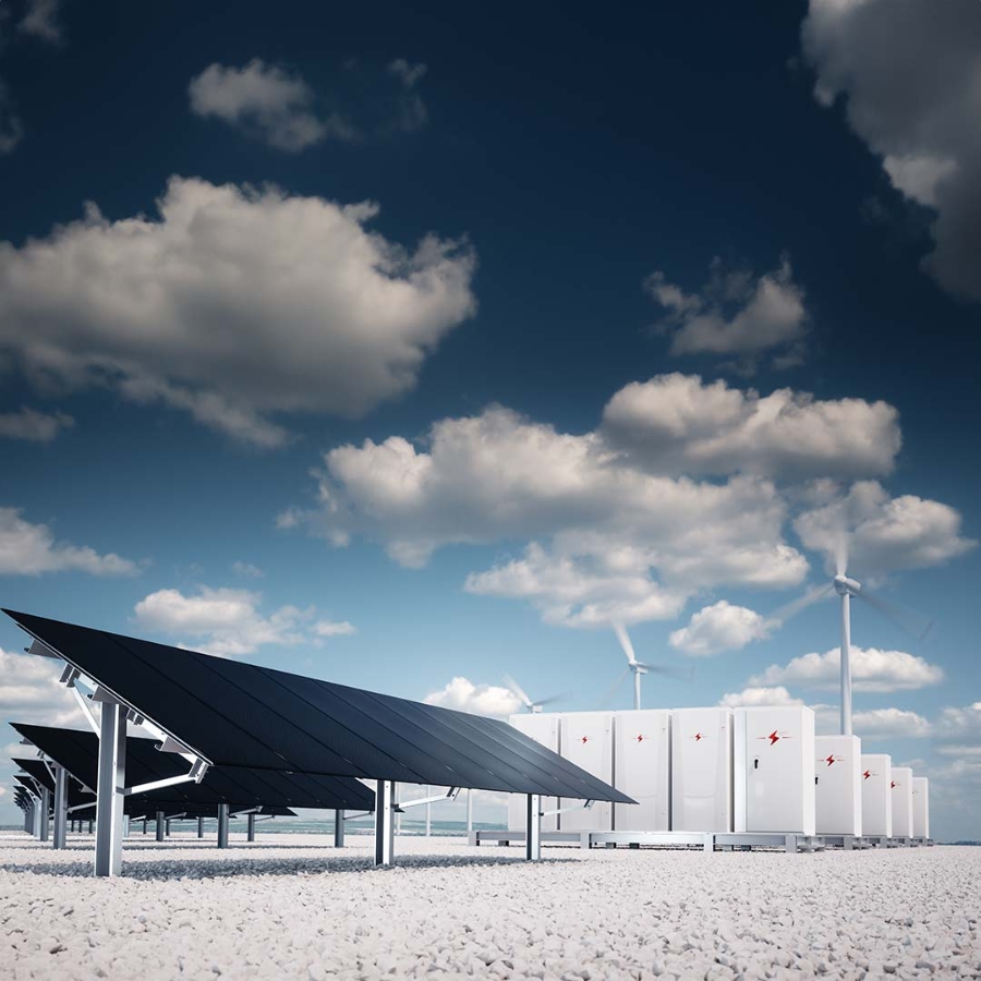 Solar panels and wind turbines in a desert