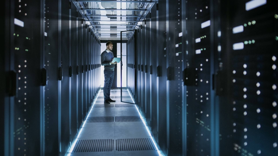 A man in a digital data center