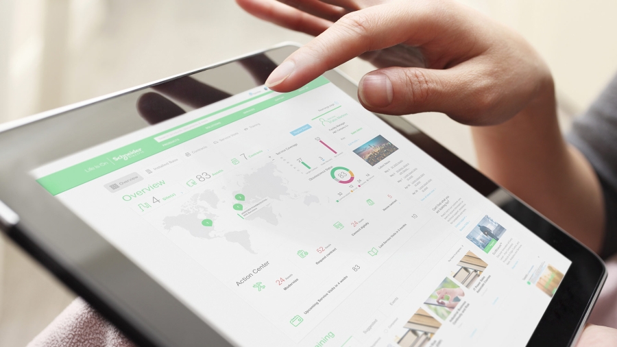 picture of digital tablet with asset health management  dashboard available in mySchneider