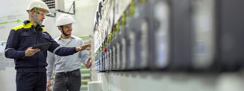 Two men in hard hats in front of electrical panels providing on-site maintenance services