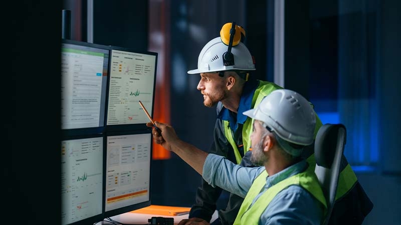 A group of men wearing hard hats and working on a computer