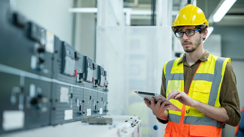 Electrician engineer monitoring and recording data of battery storage performance on digital tablet