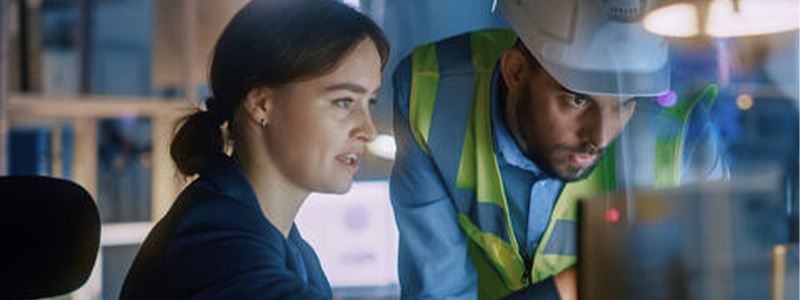 A man and woman work on a computer with digital twin technology.