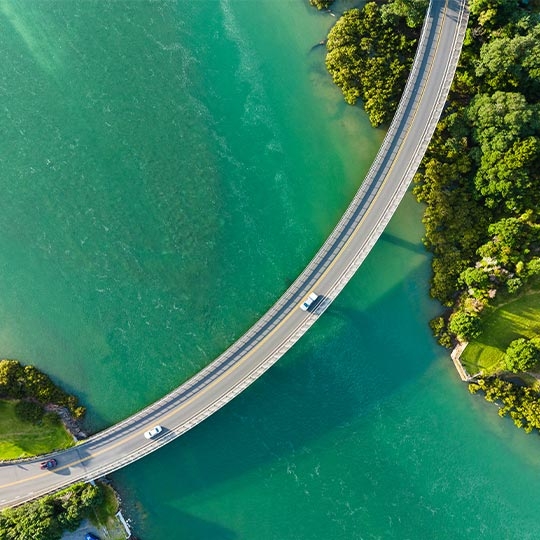 A bridge over water with trees and grass