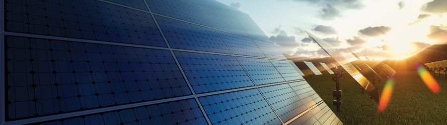 Solar panels field during sunset