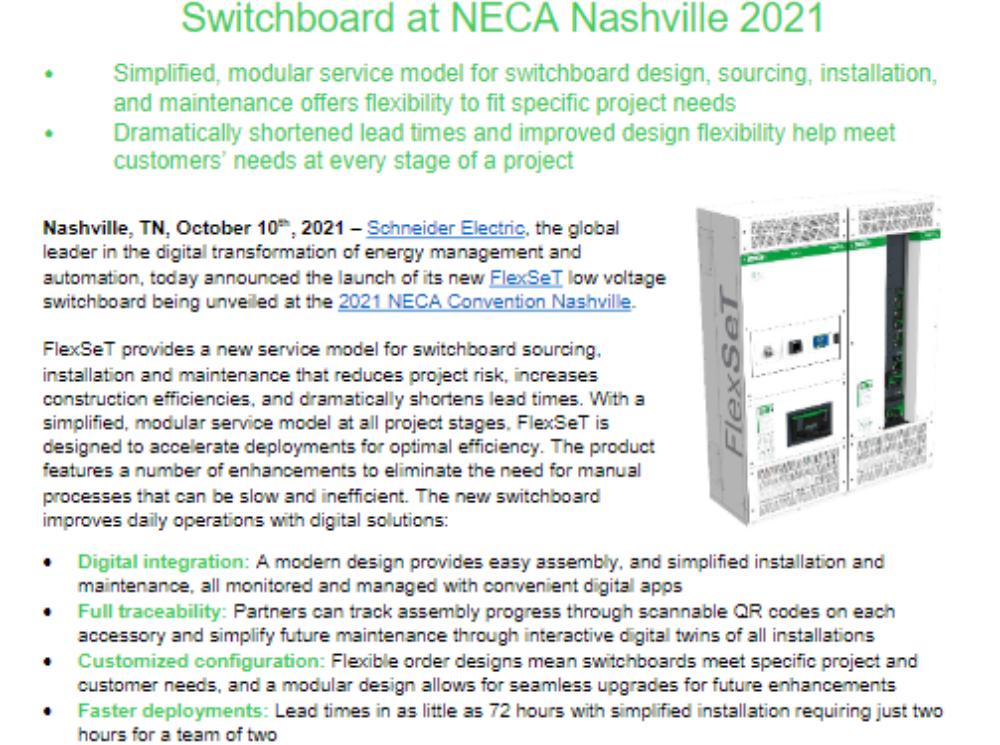 Schneider Electric Launches New FlexSeT Switchboard at NECA Nashville 2021_Press Release.docx