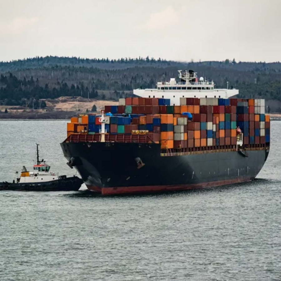 A large container ship with a tugboat in the water