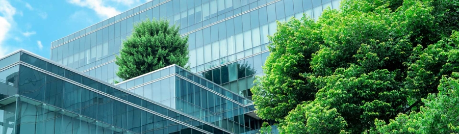 A glass building with trees in the background