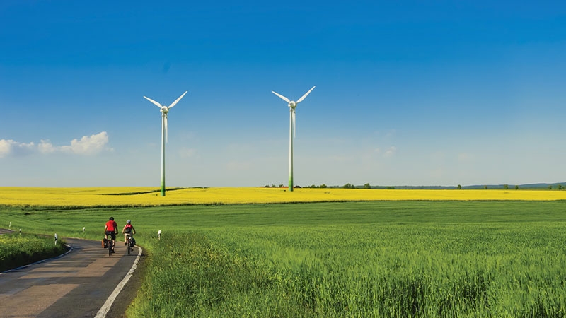 A person riding a bike on a bicycle in a field with Codrington Wind Farm in the background