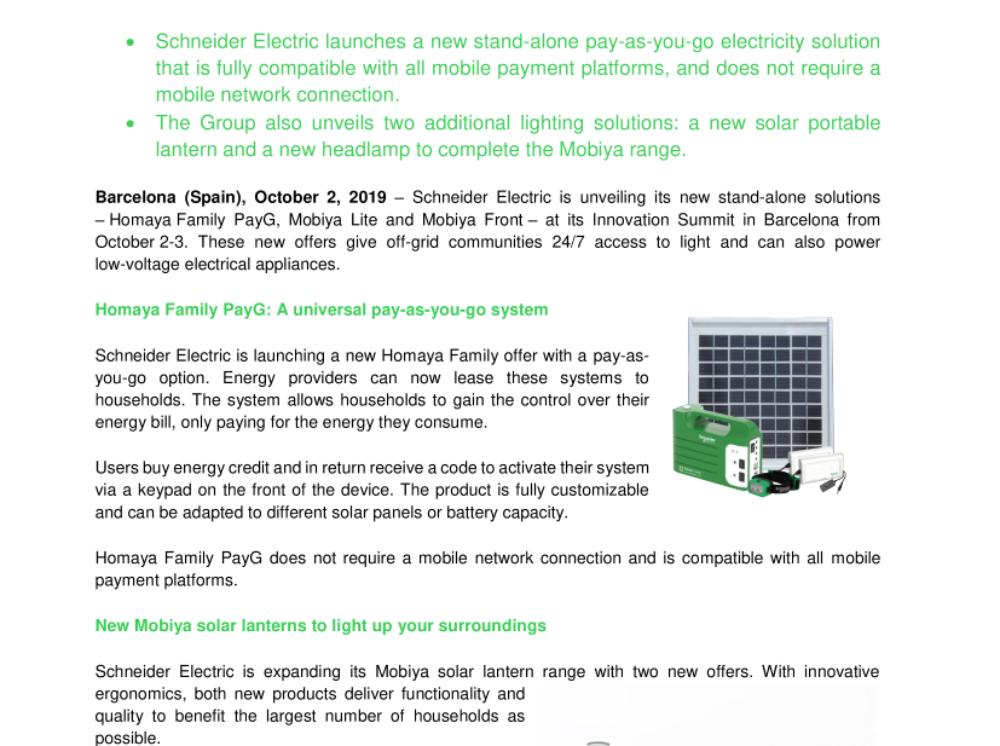 Energy for all: Schneider Electric Enriches its Portfolio of Solutions for Off-grid Communities (.pdf, Press Release)