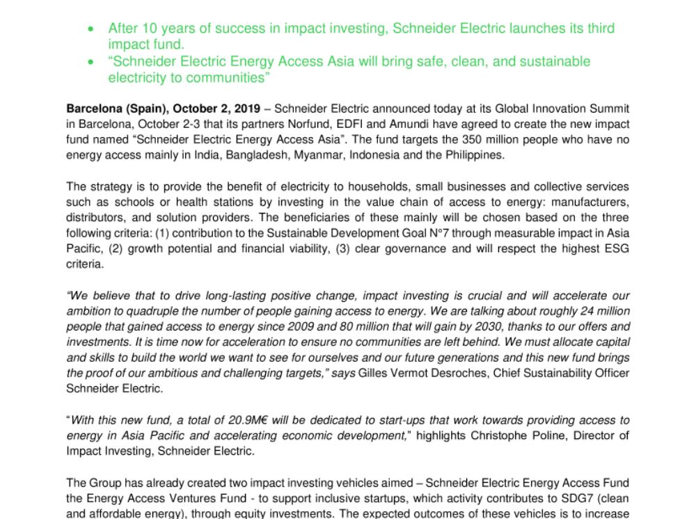 Schneider Electric announces the creation of its third impact fund “Schneider Energy Access Asia”  (.pdf, Press Release)