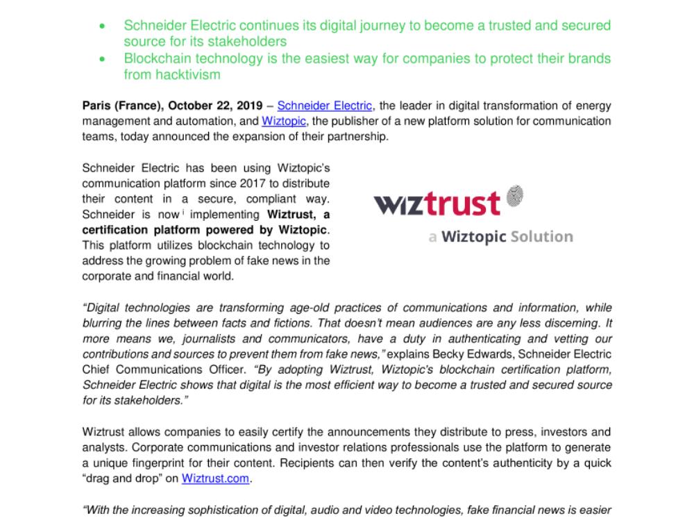 Schneider Electric Announces Adoption of Wiztopic's Blockchain Certification Platform (.pdf, Press Release)