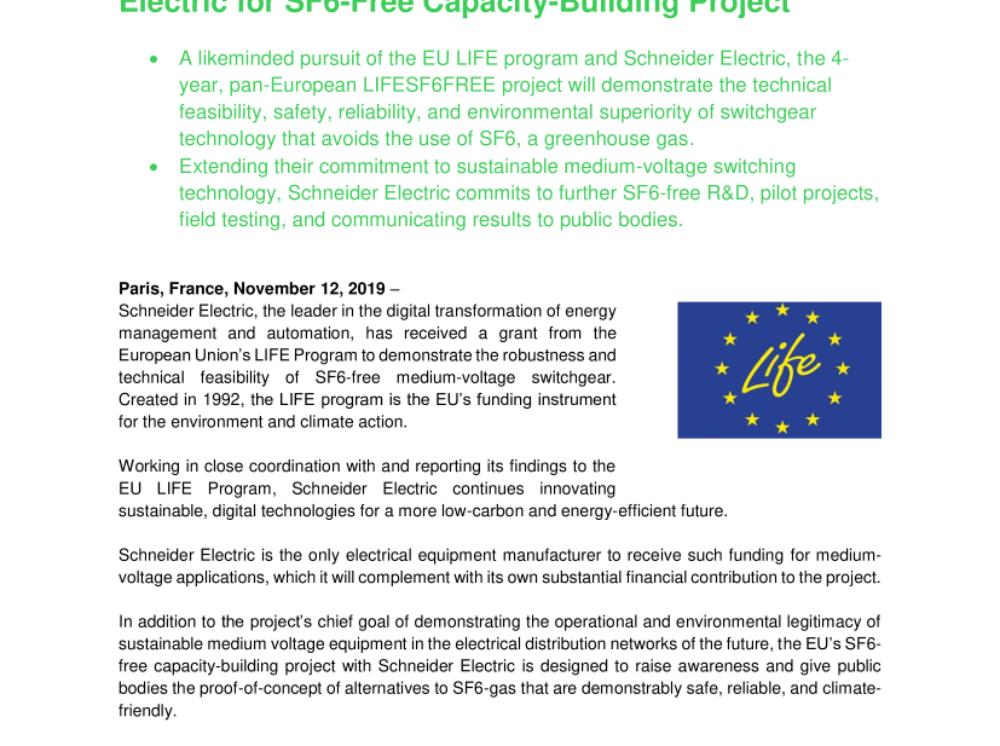 European Union LIFE Program Awards Schneider Electric for SF6-Free Capacity-Building Project (.pdf, Press Release)