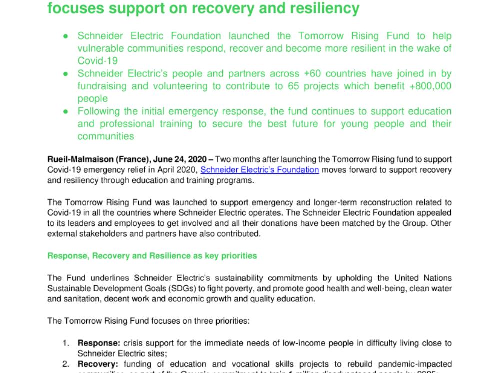 Following emergency pandemic response, the Tomorrow Rising fund by the Schneider Electric Foundation focuses support on recovery and resiliency (.pdf)