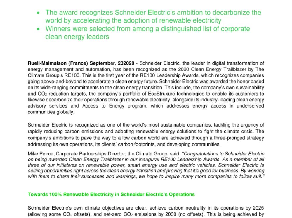 Schneider Electric Recognized by The Climate Group’s RE100 as First Clean Energy Trailblazer (.pdf, Press Release)