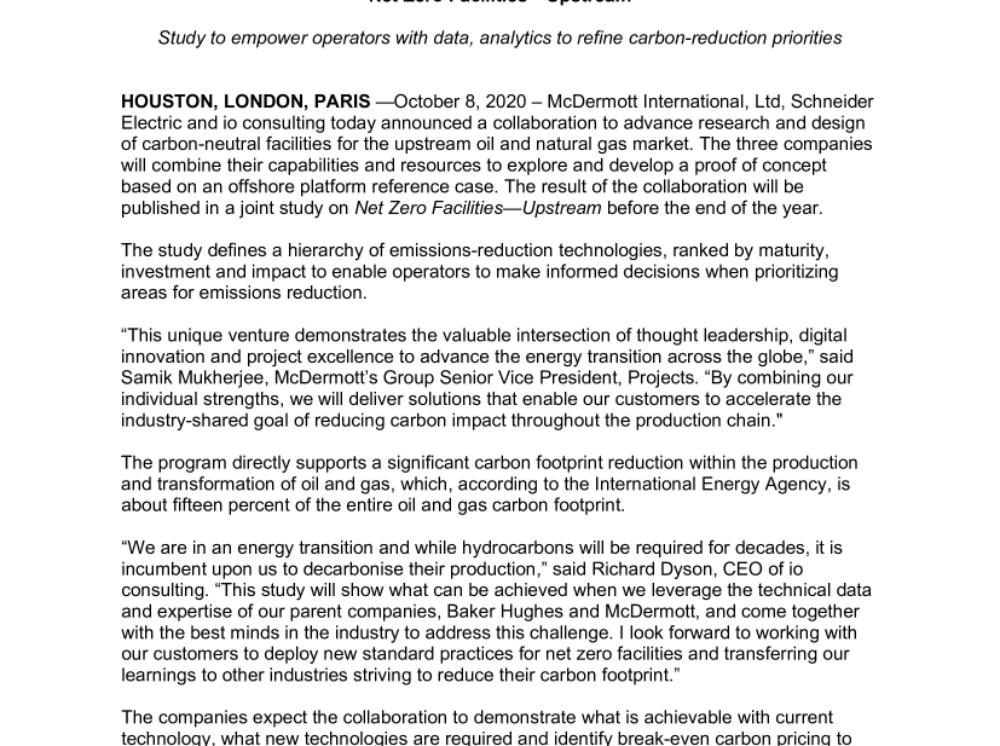 McDermott, Schneider Electric and io consulting Join Forces to Develop  Net Zero Facilities—Upstream (pdf, Press Release)