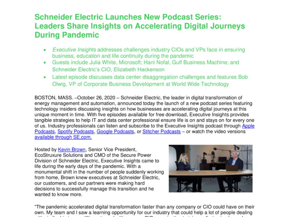 Schneider Electric Launches New Podcast Series. Leaders Share Insights on Accelerating Digital Journeys During Pandemic (.pdf)