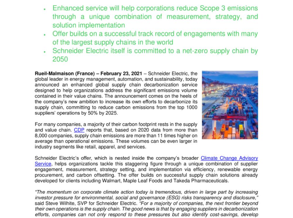 Schneider Electric Advances Corporate Climate Action with Global Supply Chain Decarbonization Service (press release .pdf)