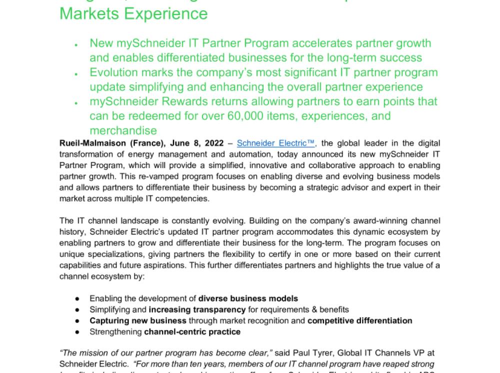 Schneider Electric Evolves mySchneider IT Partner Program, Enabling Collaboration to Improve End Markets Experience.pdf
