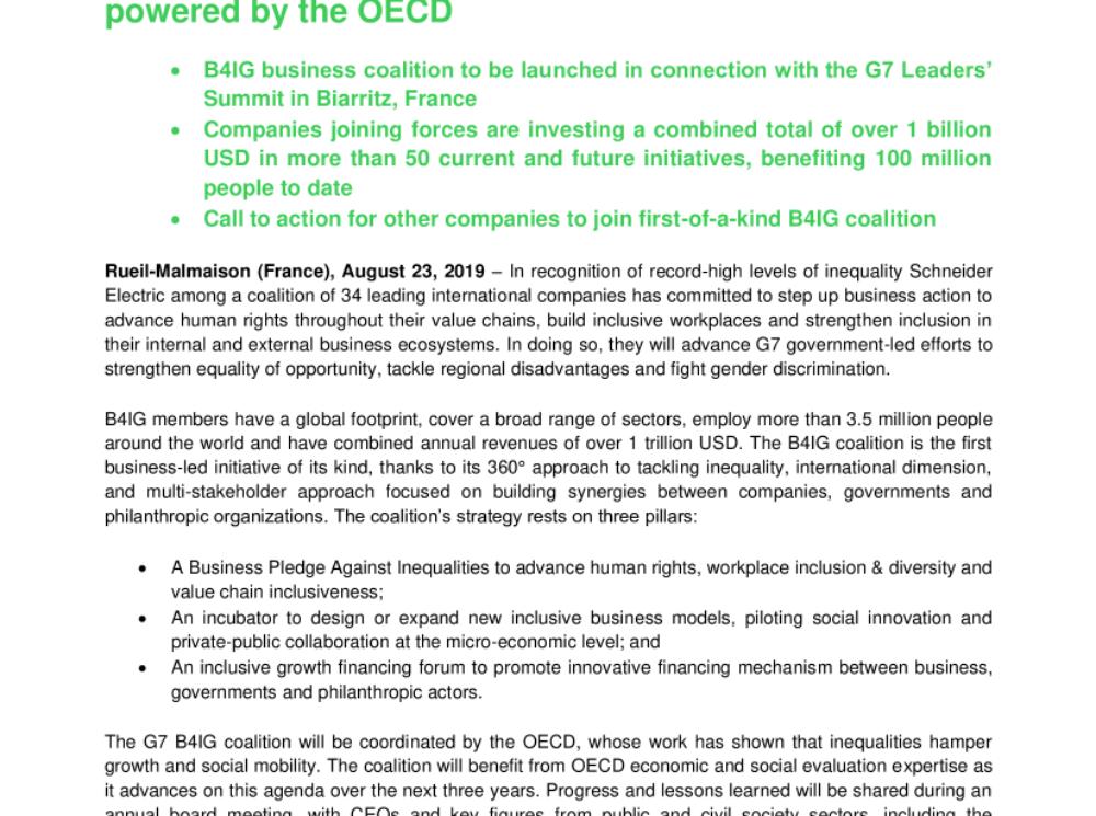 Schneider Electric commits to tackling inequality by joining G7 Business for Inclusive Growth (B4IG) coalition powered by the OECD (.pdf, Press Release)