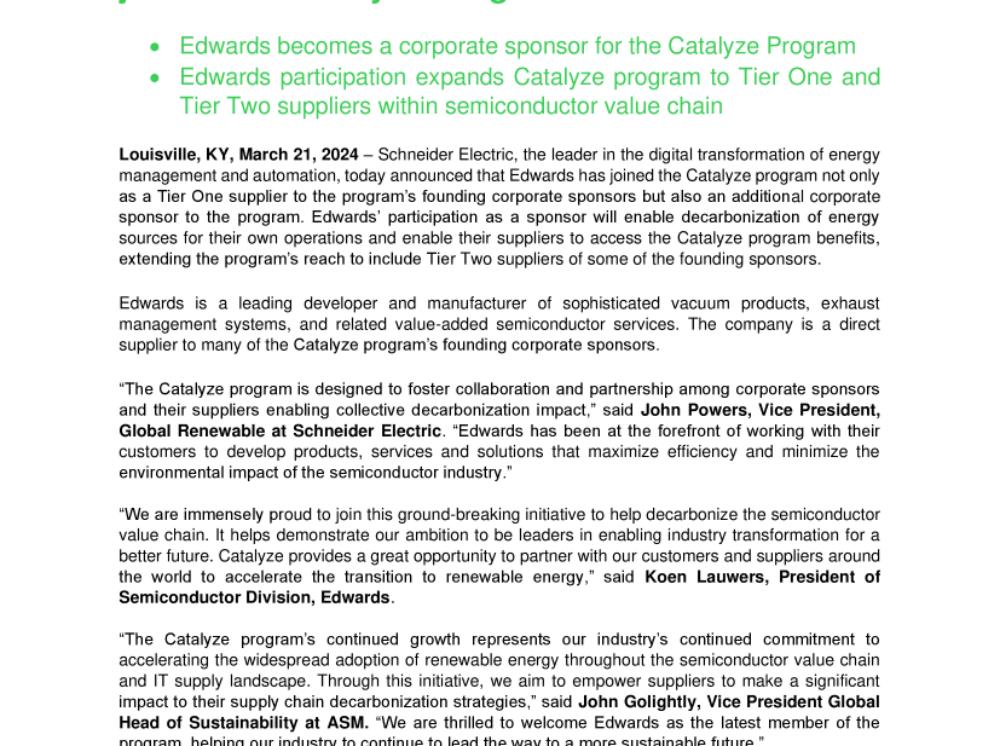 Schneider Electric Announces Edwards has joined the Catalyze Program