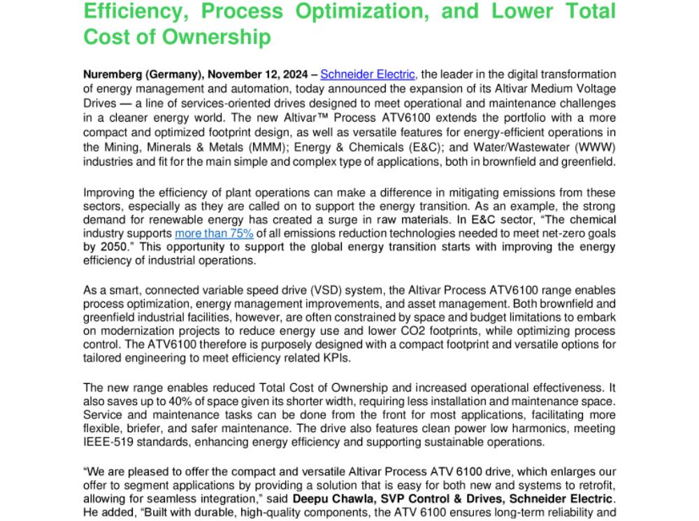 Schneider Electric Releases a Compact Altivar™ Process ATV6100 MV Drive for Improved Energy Efficiency, Process Optimization, and Lower Total Cost of Ownership.pdf