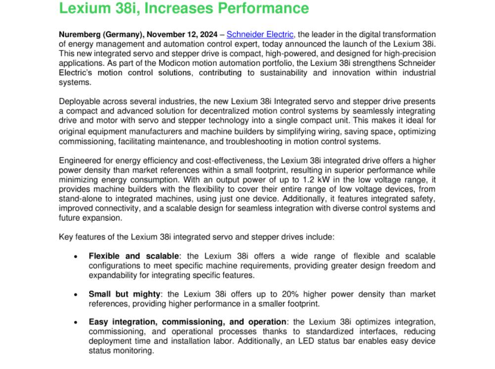 Small, But Mighty, Schneider Electric’s New Compact and High-Power Integrated Servo and Stepper Drive, Lexium 38i, Increases Performance.pdf