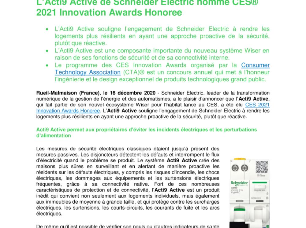 L’Acti9 Active de Schneider Electric nommé CES® 2021 Innovation Awards Honoree (.pdf)
